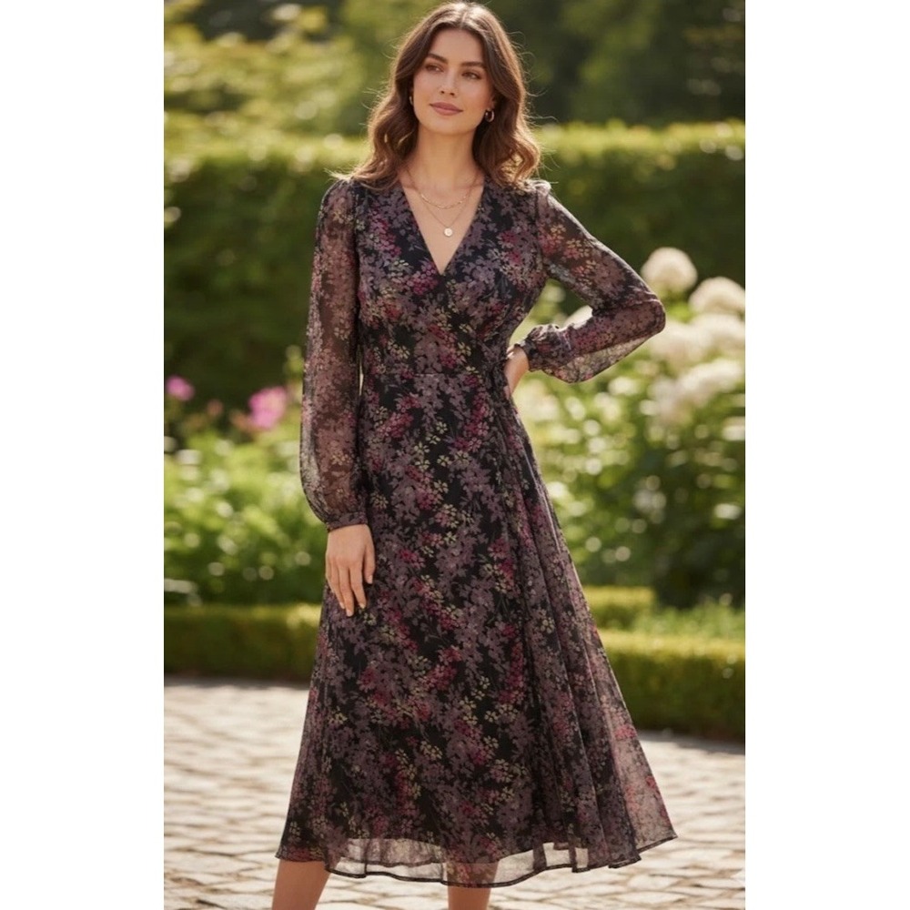 Polo Ralph Lauren Floral Crinkled Chiffon Wrap Midi Dress Size 12 Women's